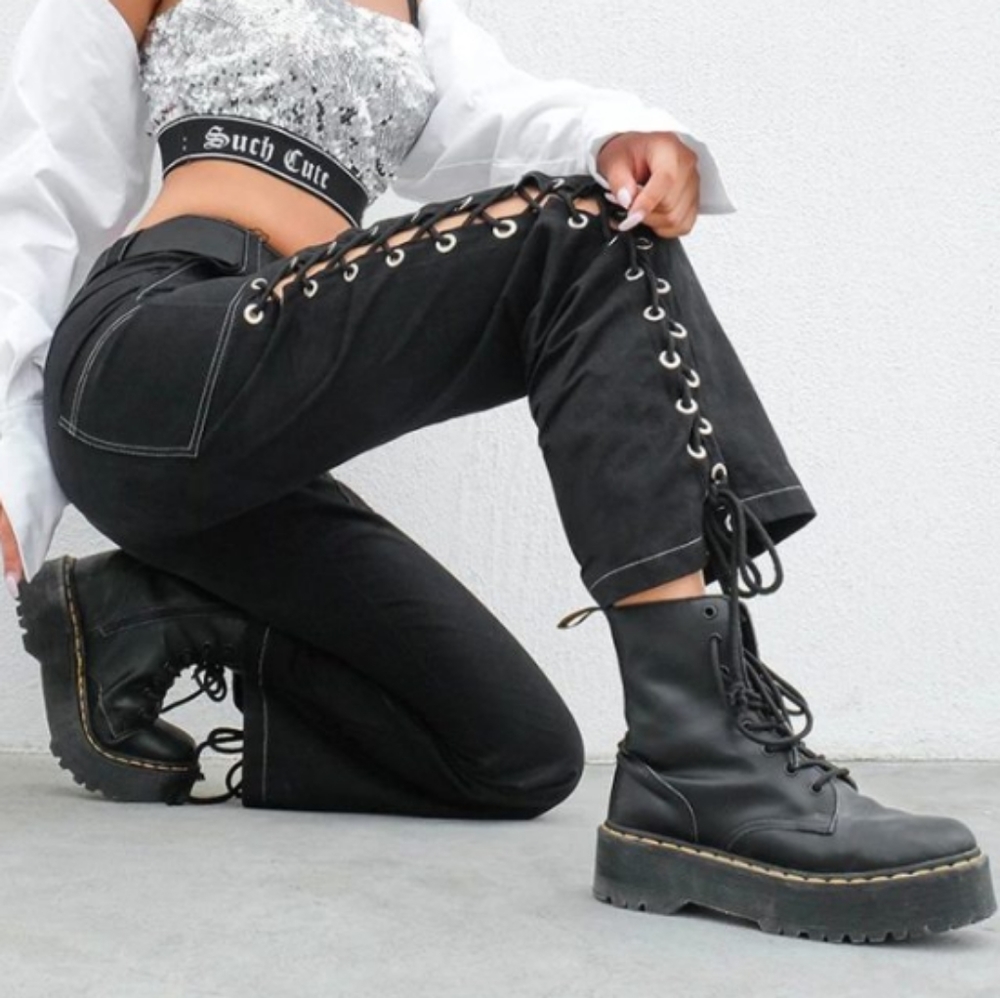 Black side lace-up pants